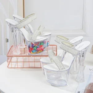 Transparent Amazing Unique White Rave Club Womens Sandals 2020 Pearl Rhinestone 17 Cm Thick Heels Open Peep Toe Sandals