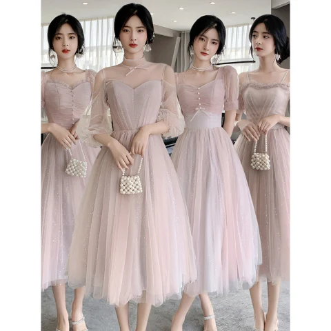 Chic / Beautiful Blushing Pink Bridesmaid Dresses 2021 A-Line / Princess Square Neckline Pearl Sequins Short Sleeve Backless Tea-length Bridesmaid Wedding Party Dresses
