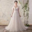 Elegant Champagne Wedding Dresses 2018 A-Line / Princess Lace V-Neck Backless Short Sleeve Court Train Wedding