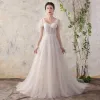 Elegant Champagne Wedding Dresses 2018 A-Line / Princess Lace V-Neck Backless Short Sleeve Court Train Wedding