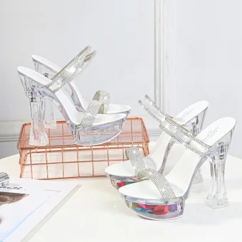 Transparent Sexy Blanche Club De Carnaval Faux Diamant Sandales Femme 2020 14 Cm Talons Épais À Bout Pointu Sandales