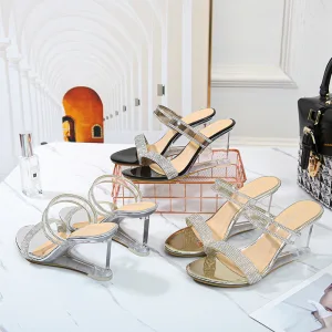 Chic Beautiful Silver Street Wear Crystal Womens Sandals 2020 Rhinestone 8 Cm Wedges Open Peep Toe Sandals