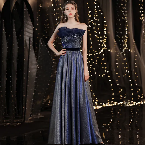 Charming Starry Sky Navy Blue Prom Dresses 2021 A-Line / Princess Sleeveless Backless Star Sequins Sash Floor-Length / Long Prom Formal Dresses