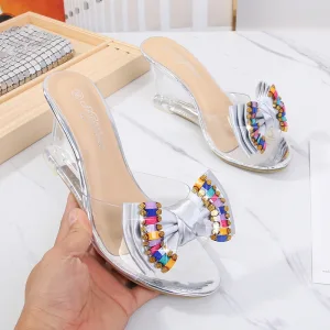 Snygga Fina Silver Gatukläder Sandaler Dam 2020 Rhinestone Rosett 8 Cm Kilklackar Peep Toe Sandaler