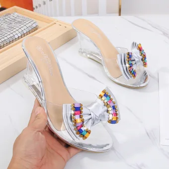Chic Beautiful Silver Street Wear Womens Sandals 2020 Rhinestone Bow 8 Cm Wedges Open Peep Toe Sandals