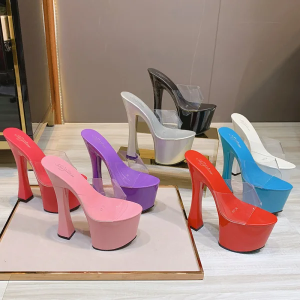 Transparent Summer Rave Club Womens Sandals 2020 17 cm Thick Heels Open / Peep Toe Sandals