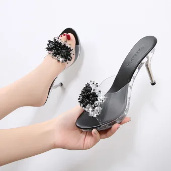 Simple Noire Vêtement De Rue Faux Diamant Sandales Femme 2020 9 Cm Talons Aiguilles Peep Toes Bout Ouvert Sandales