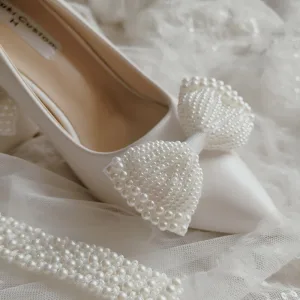 Elegant Ivory Handmade Satin Pearl Bow Wedding Shoes 2020 10 Cm Stiletto Heels Pointed Toe Pumps