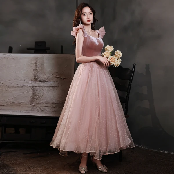 dusky pink evening dresses Elegant Dusty Rose Beaded Bodice Floor Length Evening Gown – FancyVestido main image 1