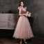 Vintage / Retro Suede Dusky Pink Prom Dresses 2021 A-Line / Princess Sleeveless Backless Square Neckline Tea-length Prom Formal Dresses