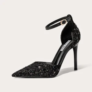 Charmant Noire Soirée Perlage Paillettes Sandales Femme 2021 Cuir Bride Cheville 10 Cm Talons Aiguilles À Bout Pointu Escarpins Talons Hauts