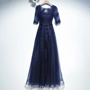Élégant Bleu Marine Robe De Ceremonie Robe De Bal 2017 En Dentelle Fleur Noeud Encolure Dégagée Longue 1 2 Manches Princesse