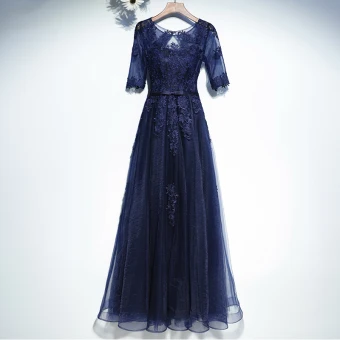 Élégant Bleu Marine Robe De Ceremonie Robe De Bal 2017 En Dentelle Fleur Noeud Encolure Dégagée Longue 1 2 Manches Princesse