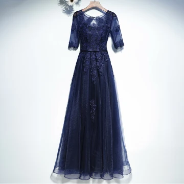 Elegant Navy Blue Formal Dresses Prom Dresses 2017 Lace Flower Bow Scoop Neck Floor Length Long 1 2 Sleeves A Line Princess