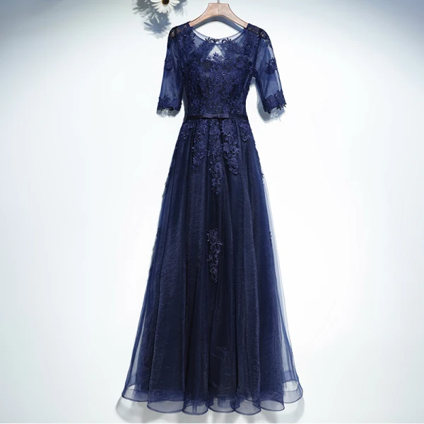 Elegant Navy Blue Formal Dresses Prom Dresses 2017 Lace Flower Bow Scoop Neck Floor-Length / Long 1/2 Sleeves A-Line / Princess