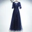 Elegant Navy Blue Formal Dresses Prom Dresses 2017 Lace Flower Bow Scoop Neck Floor-Length / Long 1/2 Sleeves A-Line / Princess
