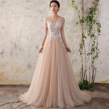 Chic Beautiful Champagne Wedding Dresses 2018 A Line Princess Lace Flower Pearl Scoop Neck Backless Cap Sleeves Sweep Train Wedding