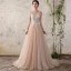 Chic / Belle Champagne Robe De Mariée 2018 Princesse En Dentelle Fleur Perle Encolure Dégagée Dos Nu Mancherons Train De Balayage Mariage