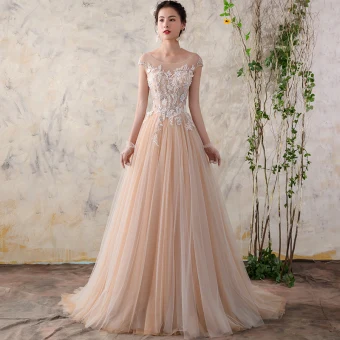 Schöne Champagner Brautkleider 2018 A Linie Mit Spitze Blumen Perle Rundhalsausschnitt Rückenfreies Ärmel Sweep Pinsel Zug Hochzeit