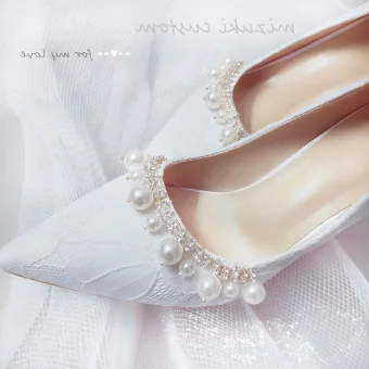Élégant Blanche Mariage En Dentelle Chaussure De Mariée 2020 Cuir Perle Faux Diamant 9 Cm Talons Aiguilles À Bout Pointu Escarpins