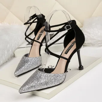 Chic Belle Argenté Soirée Paillettes Sandales Femme 2020 Bride Cheville 9 Cm Talons Aiguilles À Bout Pointu Sandales