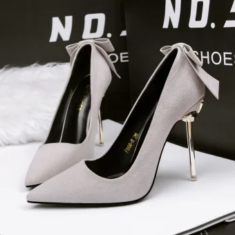 Modest Simple Grey Office Ol Bow Suede Pumps 2020 10 Cm Stiletto Heels Pointed Toe Pumps
