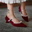 Elegant Burgundy Pearl Low Heel Wedding Shoes 2020 Leather Suede 3 cm Low Heels / Kitten Heels Pointed Toe