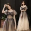 Fashion Navy Blue Glitter Prom Dresses 2021 A-Line / Princess Square Neckline Beading Crystal Short Sleeve Floor-Length / Long Prom Formal Dresses