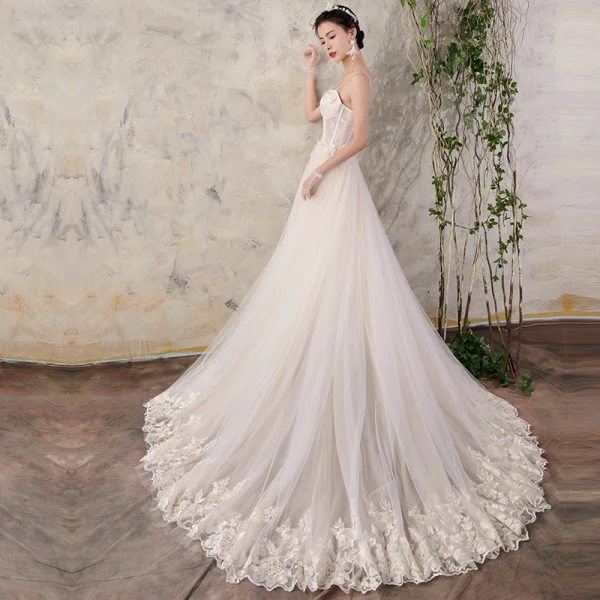 Chic / Beautiful Champagne Wedding Dresses 2018 A-Line / Princess Appliques Pearl Organza Spaghetti Straps Backless Sleeveless Court Train Wedding