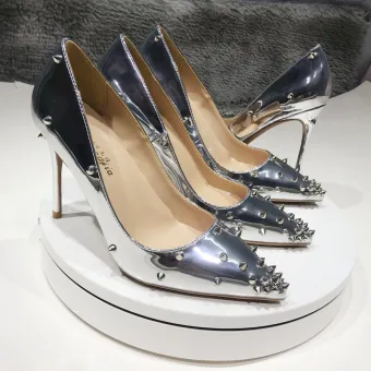 Mooie Prachtige Zilveren Avond Klinknagel Pumps 2020 12 Cm Naaldhakken Stiletto Spitse Neus Pumps