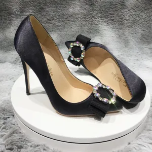 Piękne Czarne Biuro Ol Czółenka 2020 Rhinestone Kokarda 12 Cm Szpilki Szpiczaste Czółenka