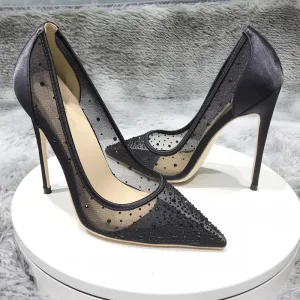 Charmant Zwarte Avond Rhinestone Pumps 2020 Tule 10 Cm Naaldhakken Stiletto Spitse Neus Pumps