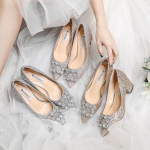 Glitzernden Silber Strass Brautschuhe 2020 Pailletten 7 Cm Thick Heels Spitzschuh Hochzeit Pumps