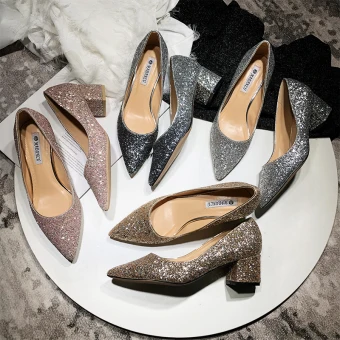 Scintillantes Argenté Paillettes Chaussure De Mariée 2020 7 Cm Talons Épais À Bout Pointu Mariage Escarpins