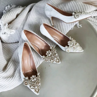 Élégant Blanche Perle Faux Diamant Chaussure De Mariée 2020 7 Cm Talons Aiguilles À Bout Pointu Mariage Escarpins