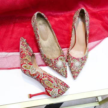 Chiński Styl Czerwone Buty Ślubne 2020 Perła Rhinestone 8 Cm Szpilki Szpiczaste Ślub Czółenka