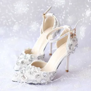 Charming Ivory Lace Flower Wedding Shoes 2020 Rhinestone Ankle Strap 9 Cm Stiletto Heels Pointed Toe Wedding Sandals