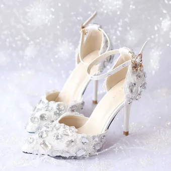 Charming Ivory Lace Flower Wedding Shoes 2020 Rhinestone Ankle Strap 9 Cm Stiletto Heels Pointed Toe Wedding Sandals