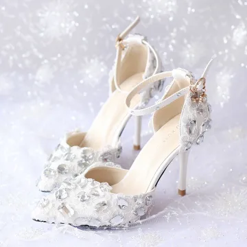 Charmant Ivoor Kant Bloem Bruidsschoenen 2020 Rhinestone Enkelband 9 Cm Naaldhakken Stiletto Spitse Neus Huwelijk Sandalen
