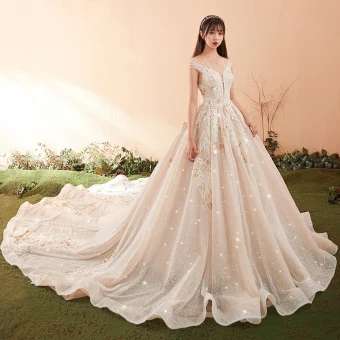 Luxury Gorgeous Champagne Wedding Dresses 2018 Ball Gown Lace Appliques Beading Crystal Sequins Scoop Neck Backless Sleeveless Cathedral Train Wedding