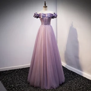 Élégant Violet Robe De Bal 2021 Princesse De L 039 Épaule Perlage Manches Courtes Dos Nu Longue Promo Robe De Ceremonie