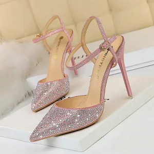 Sparkly Blushing Pink Evening Party Womens Sandals Rhinestone 2020 Ankle Strap 10 Cm Stiletto Heels Pointed Toe Sandals