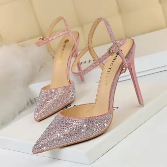 Sparkly Blushing Pink Evening Party Womens Sandals Rhinestone 2020 Ankle Strap 10 Cm Stiletto Heels Pointed Toe Sandals
