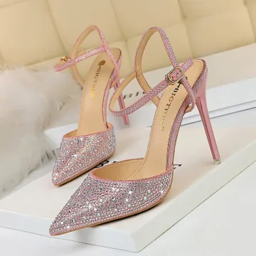 Scintillantes Rougissant Rose Soirée Sandales Femme Faux Diamant 2020 Bride Cheville 10 Cm Talons Aiguilles À Bout Pointu Sandales