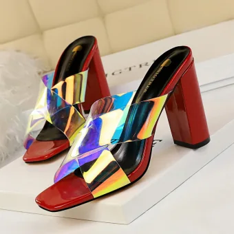Simple Été Bordeaux Vêtement De Rue Laser Sandales Femme 2020 9 Cm Talons Épais Peep Toes Bout Ouvert Sandales