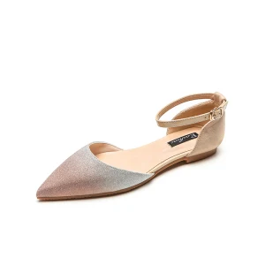 Chic Belle Été Beige Vêtement De Rue Paillettes Plate Sandales Femme 2020 Bride Cheville À Bout Pointu Sandales