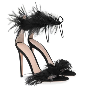 Sexy Black Cocktail Party Feather Womens Sandals 2020 Ankle Strap 10 Cm Stiletto Heels Open Peep Toe Sandals