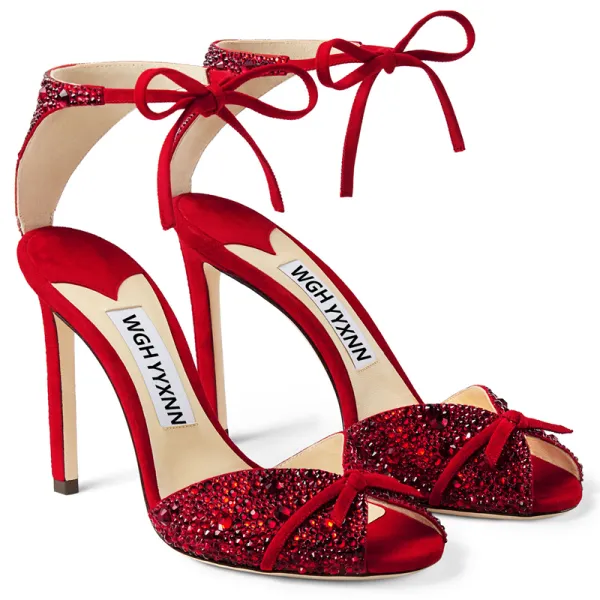 Charming Red Evening Party Rhinestone Womens Sandals 2020 Leather Bow 9 cm Stiletto Heels Open / Peep Toe Sandals