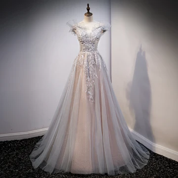 Chic Beautiful Grey Evening Dresses Prom Dresses 2021 A Line Princess Off The Shoulder Beading Sequins Lace Flower Sleeveless Backless Sweep Train Evening Party Prom Formal Dresses