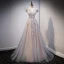 Chic / Beautiful Grey Evening Dresses  Prom Dresses 2021 A-Line / Princess Off-The-Shoulder Beading Sequins Lace Flower Sleeveless Backless Sweep Train Evening Party Prom Formal Dresses